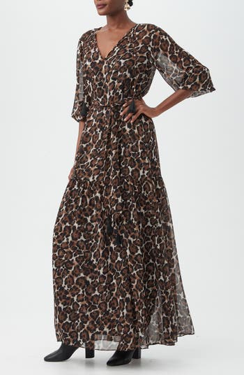 Shalina Leopard Print Balloon Sleeve Chiffon Maxi Dress