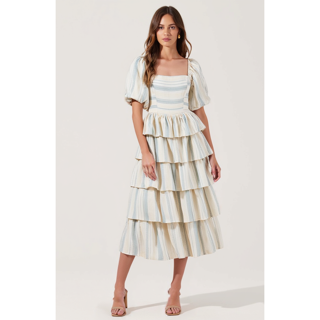 Modenaire Puff-sleeve Tiered Maxi Dress With Smocked Bodice In Multi