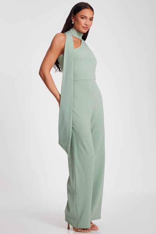 Quiz Scuba Crepe Halter Neck Jumpsuit With Scarf Tie Detail In Sage