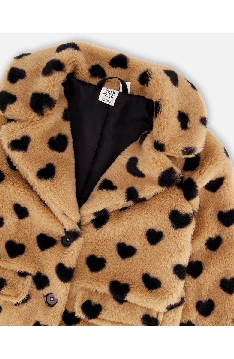 Deux par Deux Girl's Faux Fur Long Coat Caramel Printed Heart, Alternate, color, 