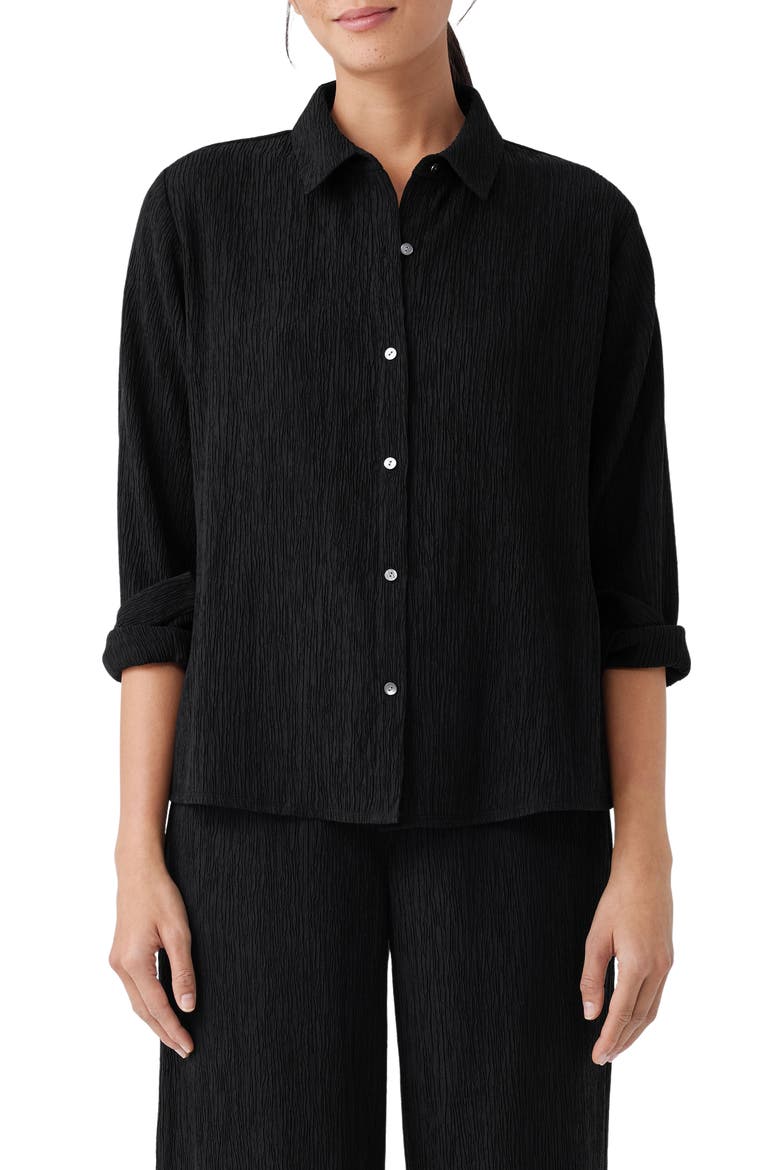 Classic Plissé Button-Up Shirt, Main, color, BLACK
