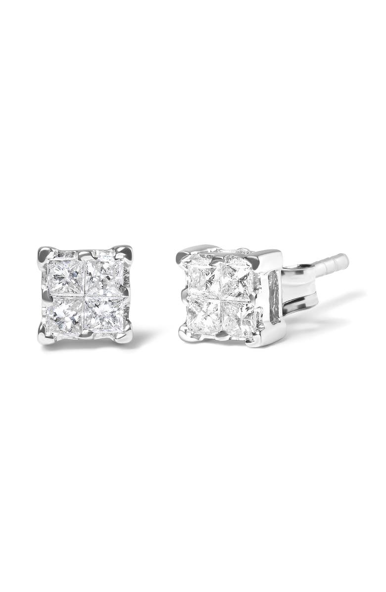 Haus of Brilliance Silver 1/4 Ct Invisible Princess Diamond Composite Quad Stud Earrings, Alternate, color, White