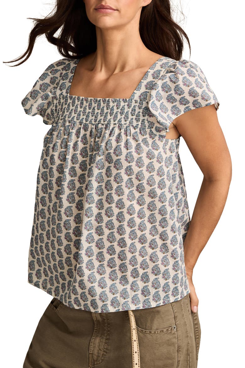 Print Smocked Square Neck Cotton Peasant Top, Alternate, color, CREAM PAISLEY