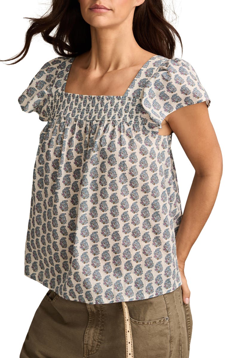 Lucky Brand Print Smocked Square Neck Cotton Peasant Top, Alternate, color, Cream Paisley