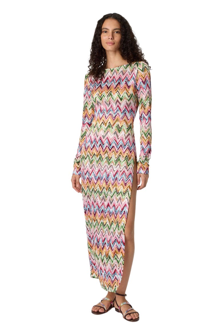 Long-sleeved Dress In Stretch Viscose With Lace And Zigzag Motif, Main, color, Multicoloured