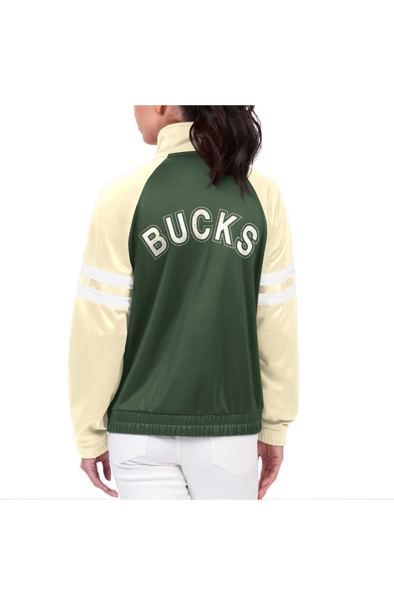 G-III 4HER BY CARL BANKS Women's G-III 4Her by Carl Banks Hunter Green Milwaukee Bucks Main Player Raglan Rhinestone Full-Zip Track Jacket, Alternate, color, Hunter Green