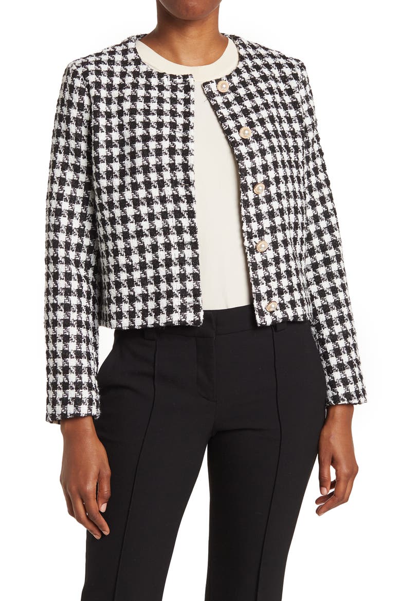 Houndstooth Tweed Crop Jacket, Main, color, BLACK/ WHITE