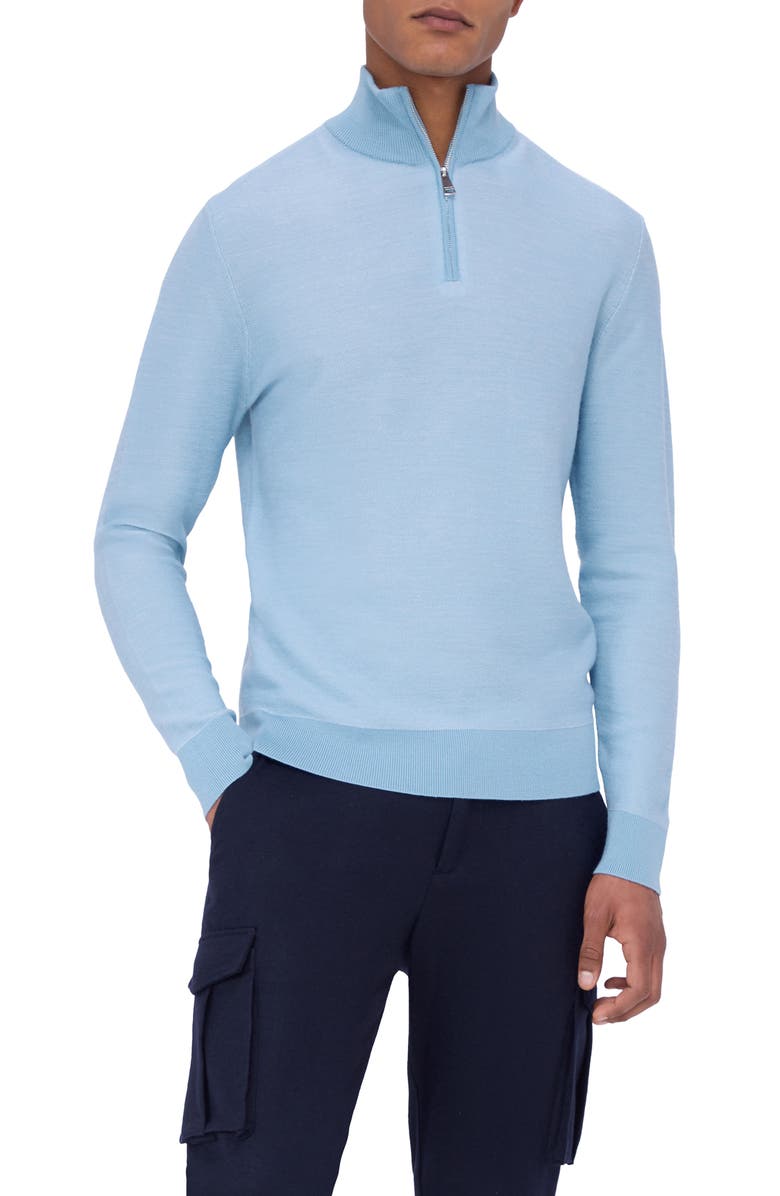 Bugatchi Merino Wool & Silk Bird's Eye Quarter Zip Sweater, Main, color, Dusty Blue