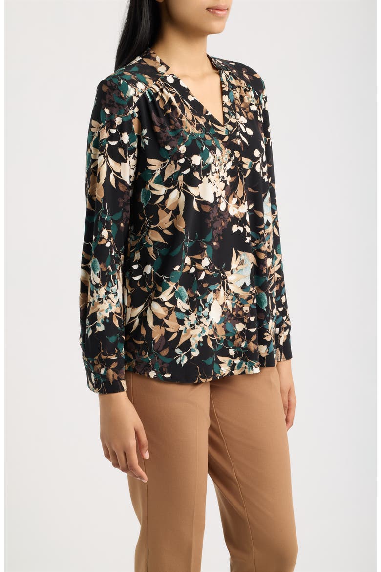 Printed Notched V-Neck Long Sleeve Top, Alternate, color, ANNE BLACK/ TREELINE MULTI