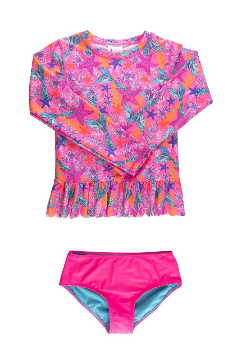 Scallop Hem Long Sleeve Rash Guard 2-Piece Bikini Swimsuit, Main, color, Neon Shimmer Mermaid