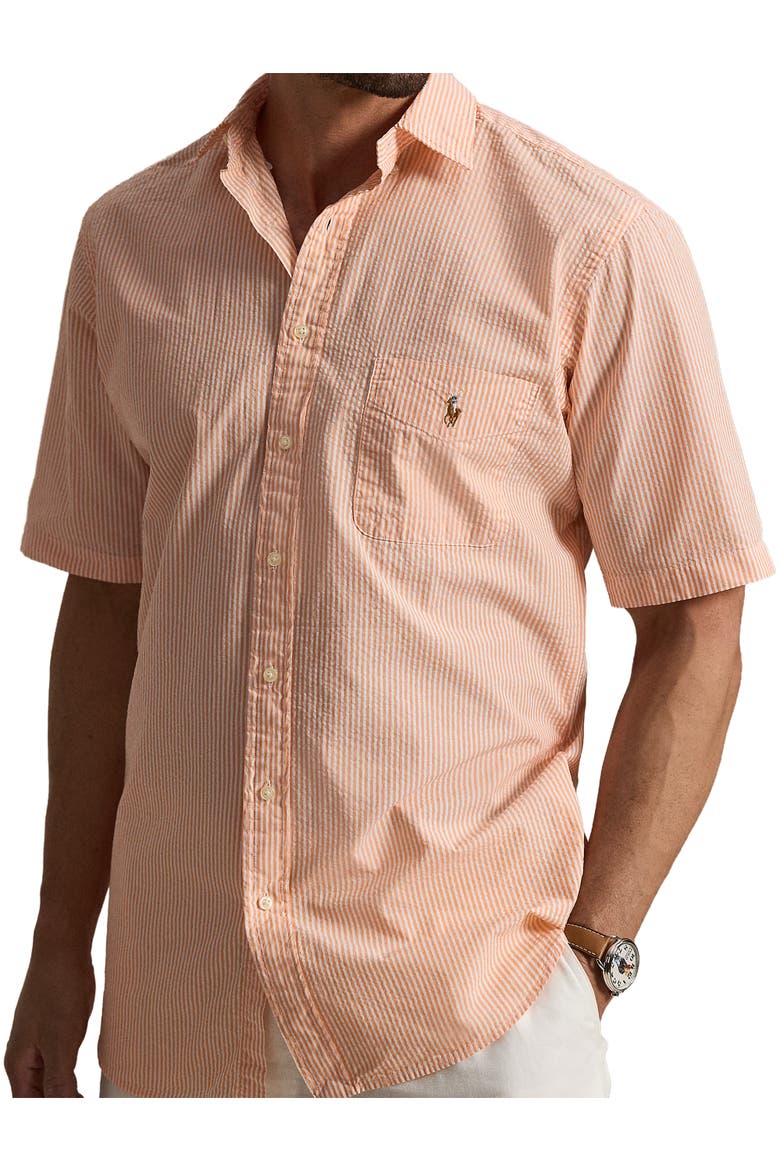 Big & Tall Seersucker Stripe Sport Shirt, Alternate, color, CLC PEACH AND WHITE