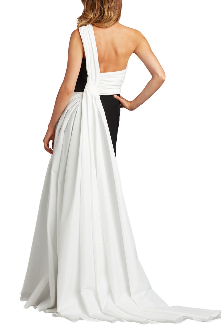 Taffeta Detail One-Shoulder Crepe Gown, Alternate, color, BLACK/ WHITE