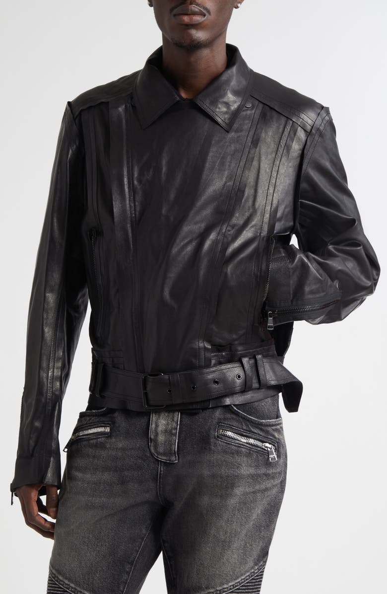 Balmain Belted Lightweight Lambskin Leather Biker Jacket, Alternate, color, Black