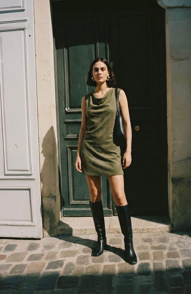 VERO MODA Bella Faux Suede Cowl Neck Sleeveless Shift Dress, Alternate, color, Winter Moss