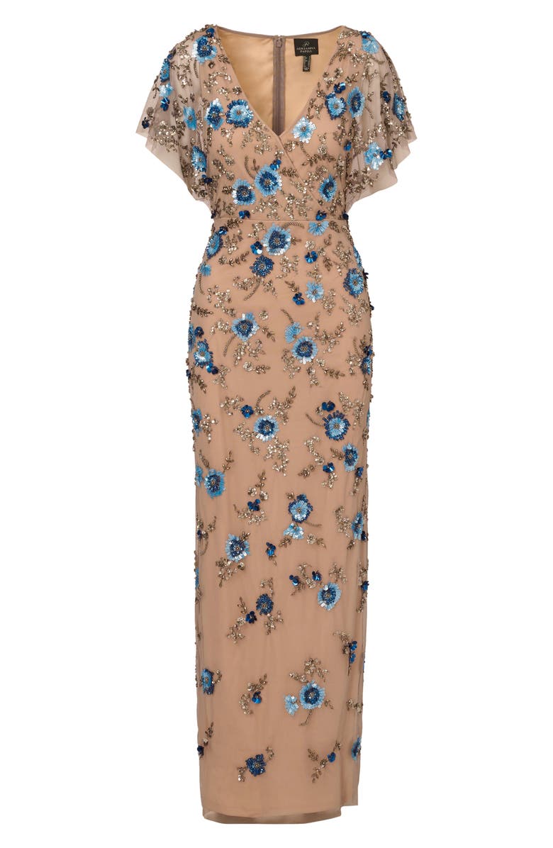 Adrianna Papell Beaded Mesh Column Gown, Alternate, color, Mercury/ Beige