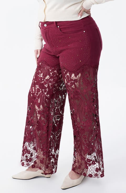 Crystal Embellished Lace Wide Leg Jeans