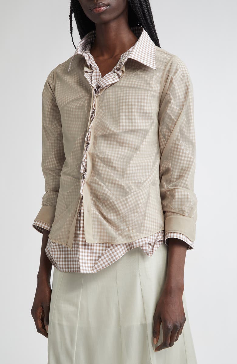 Maison Margiela Layered Mixed Media Button-Up Shirt, Alternate, color, Camel And Tan/ White