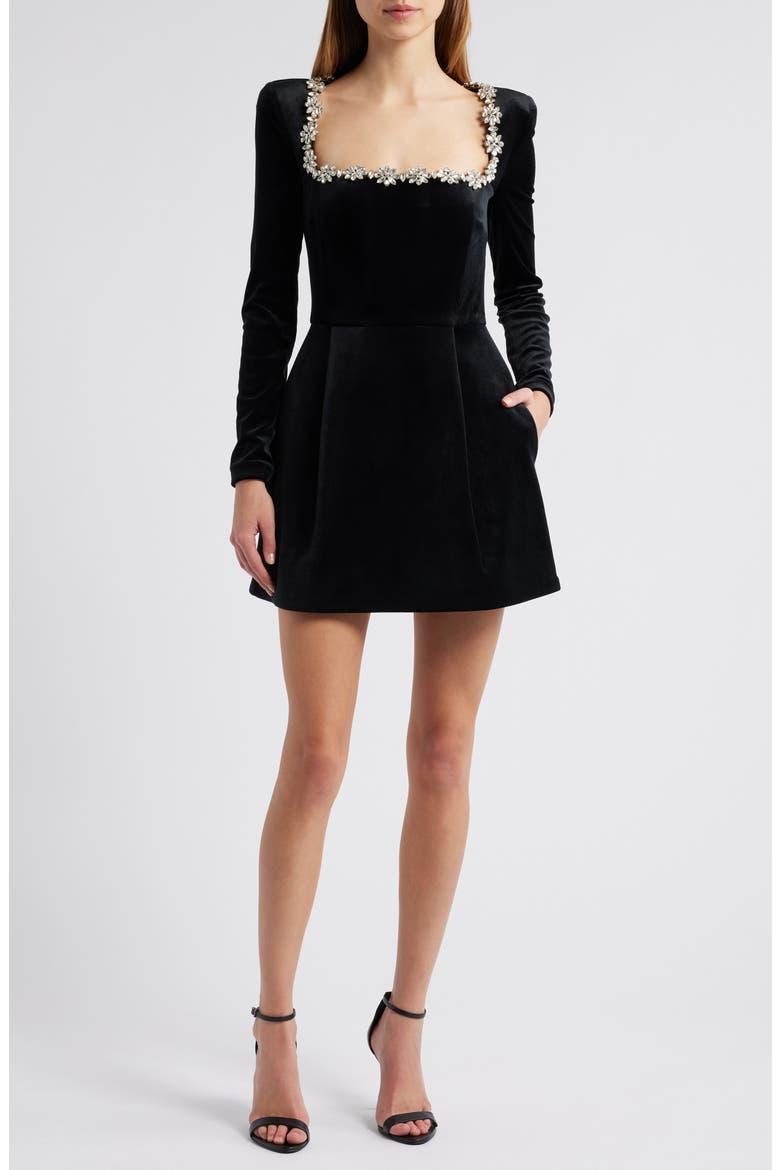 Kimberly Long Sleeve Embellished Velvet Minidress, Main, color, BLACK