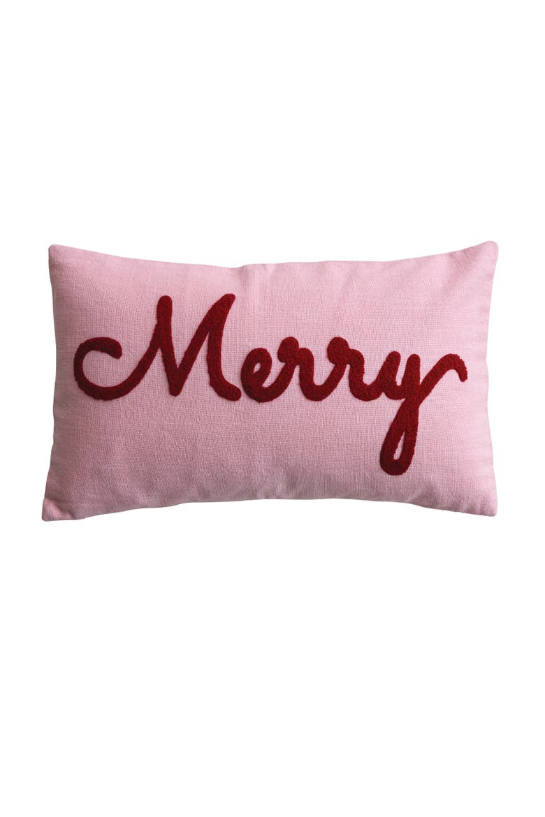 Embroidered Cotton Slub Lumbar Pillow, Merry Script, Main, color, Red and Pink