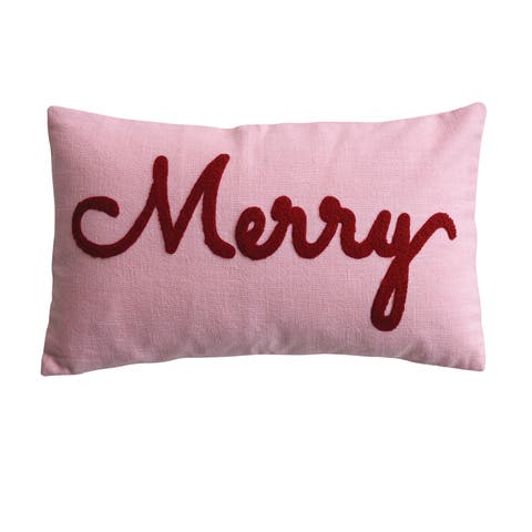 Embroidered Cotton Slub Lumbar Pillow, Merry Script