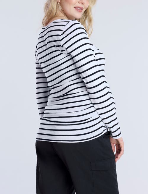 Motherhood Maternity V-neck Side-ruched Maternity Long Sleeve Tee In Black & White Stripe
