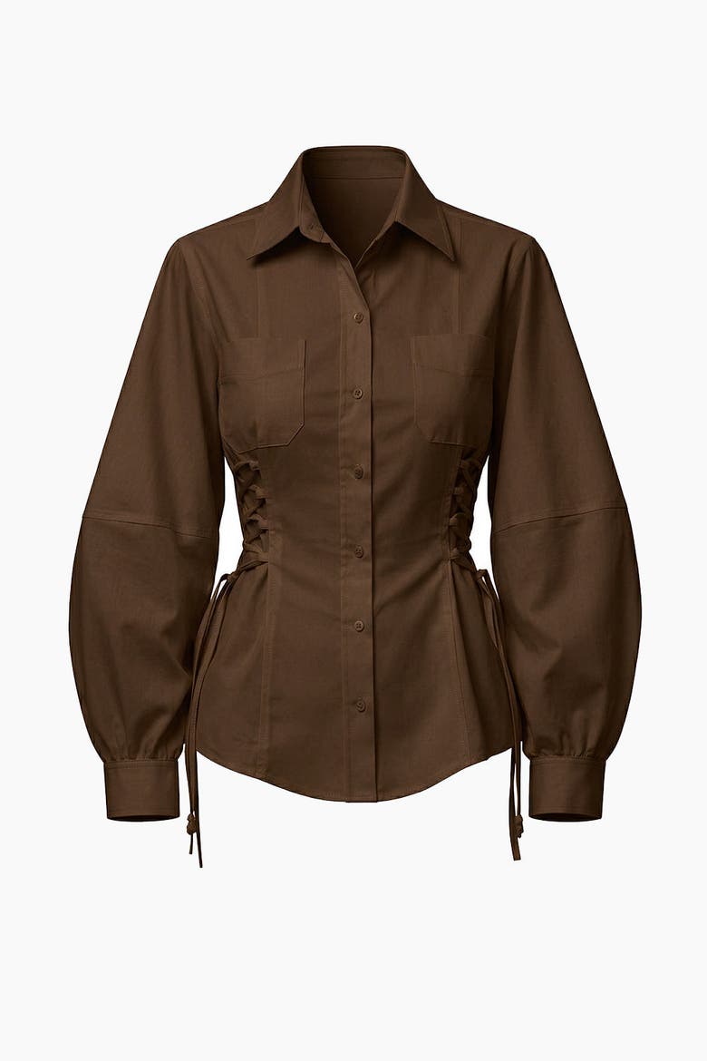 Arcene Fitted Waist Balloon Sleeve Shirt, Alternate, color, Brown