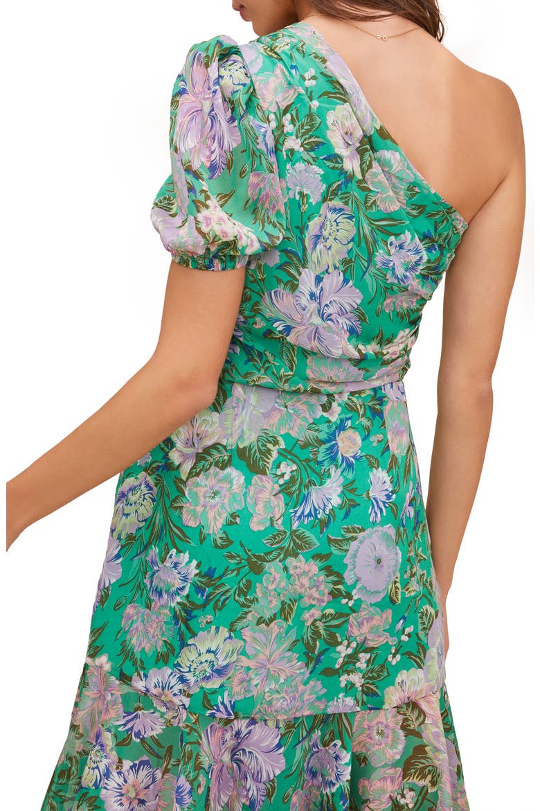 Santorini One Shoulder Asymmetrical Midi Dress, Alternate, color, GREEN LILAC MULTI FLORAL
