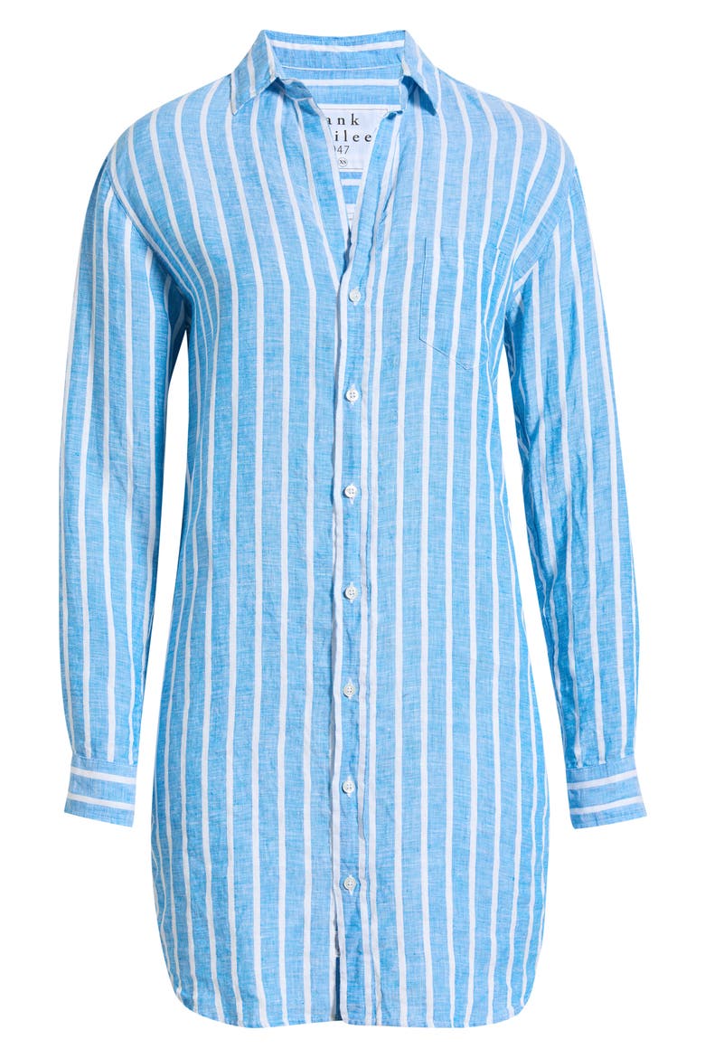Mary Stripe Classic Long Sleeve Linen Shirtdress, Alternate, color, TURQUOISE WHITE STRIPE