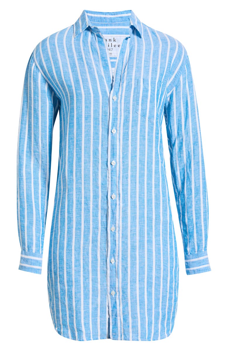 Frank & Eileen Mary Stripe Classic Long Sleeve Linen Shirtdress, Main, color, Turquoise White Stripe