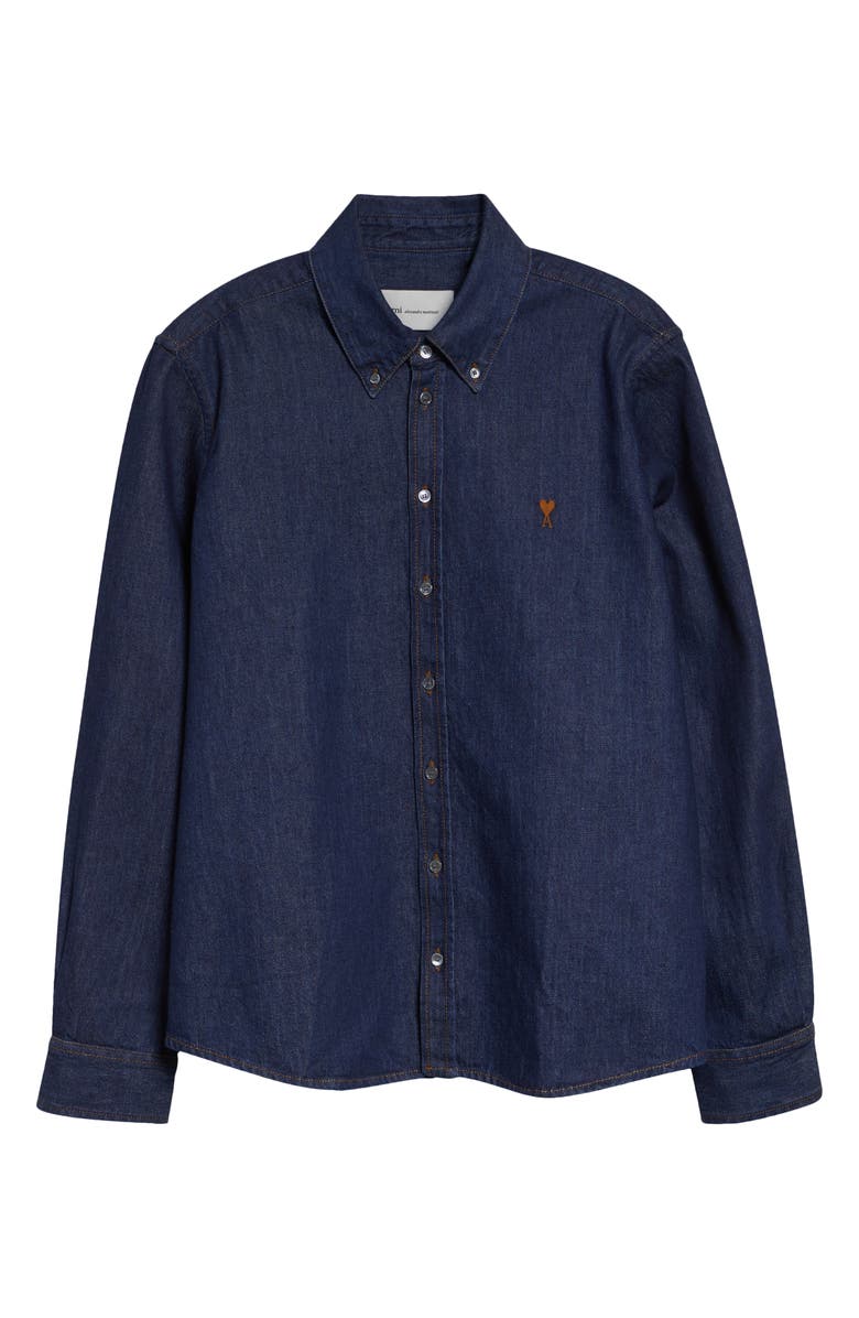 AMI PARIS Ami de Coeur Denim Button-Down Shirt, Main, color, Indigo