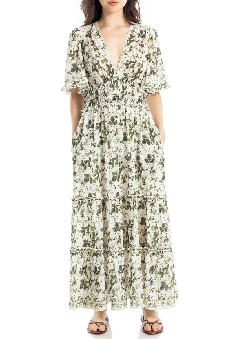 Ruffle Sleeve Tiered Maxi Dress, Main, color, CREAM/ RED WILD BERRIES