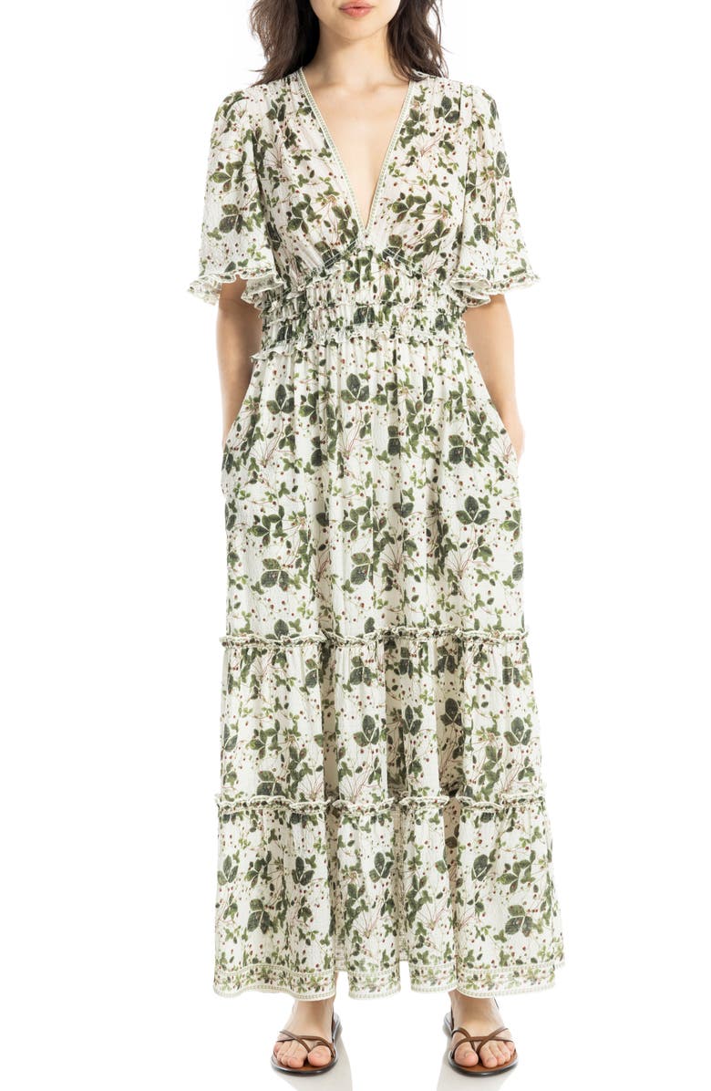 MAX STUDIO Ruffle Sleeve Tiered Maxi Dress, Main, color, Cream/ Red Wild Berries