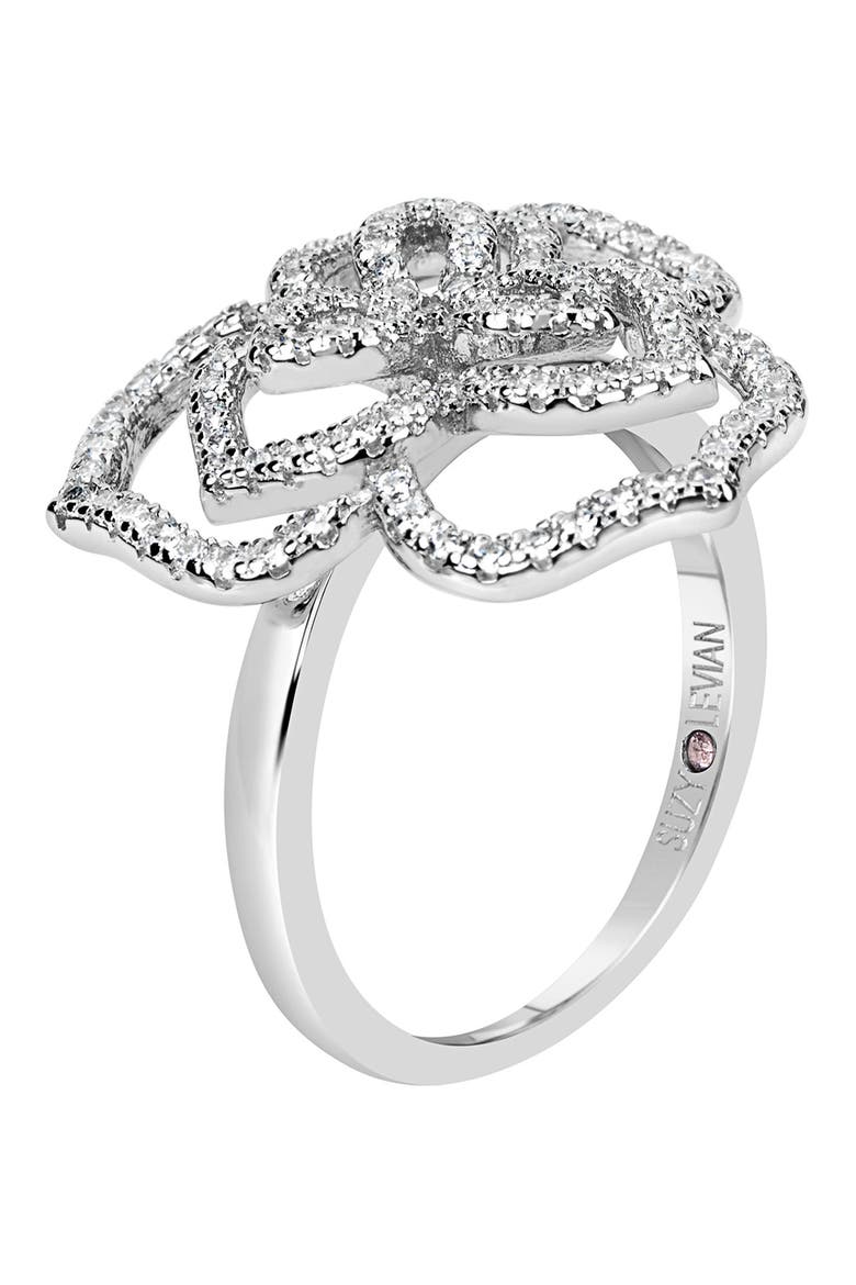 Sterling Silver Pavé CZ Flower Ring, Alternate, color, WHITE