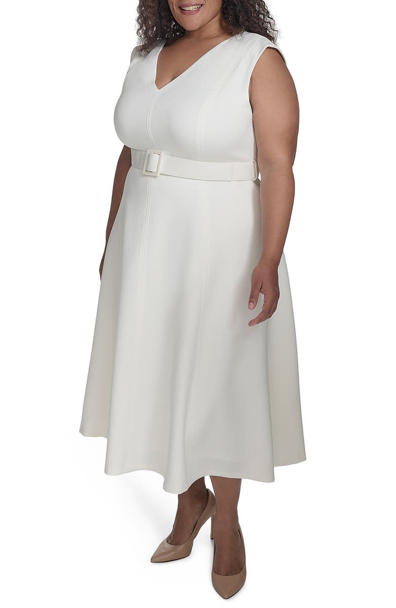 Calvin Klein V-Neck Belted Midi Dress, Alternate, color, Cream
