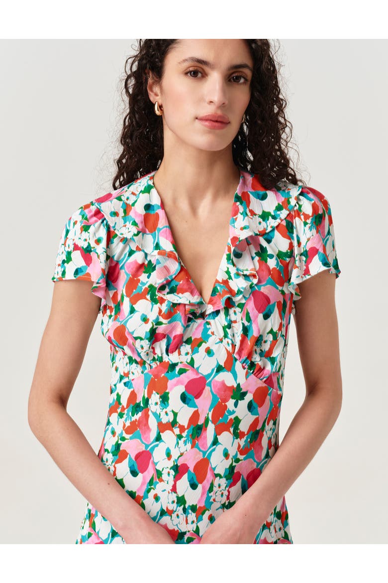 Kimmy Floral Frill Neck Crepe Midi Dress, Alternate, color, Pink Tulip
