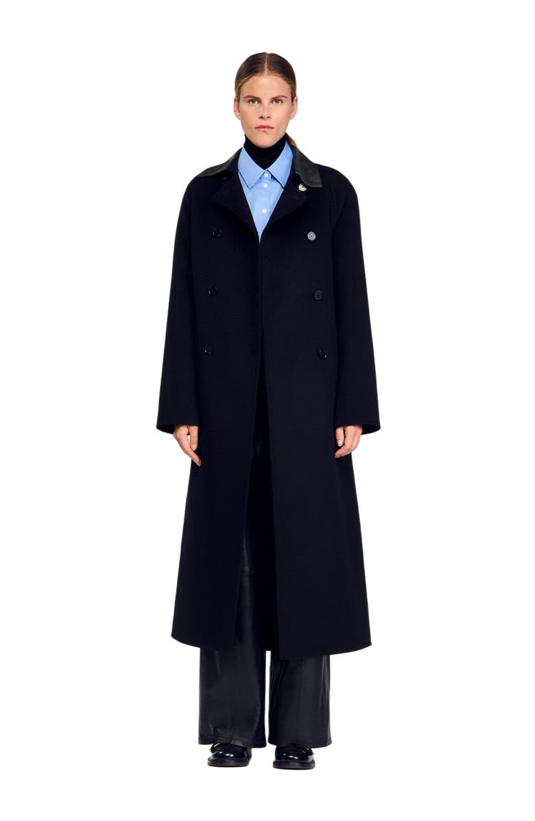 SANDRO Long wool and leather coat, Alternate, color, Black