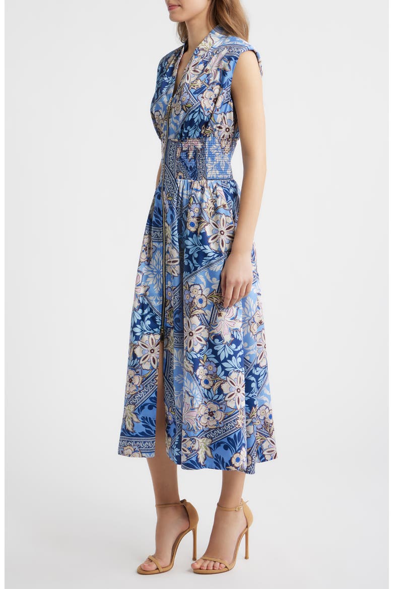 Scarf Print Zip Front Midi Dress, Alternate, color, BLUE MULTI