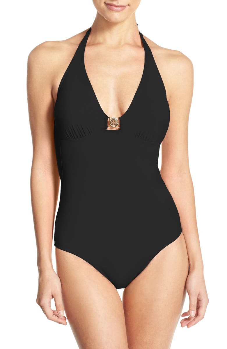 Tory Burch Logo Halter One Piece Swimsuit, Main, color, 
