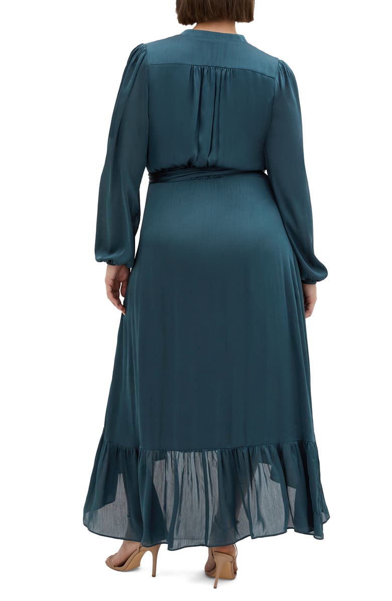 City Chic Rylie Love Long Sleeve High-Low Satin Maxi Dress, Alternate, color, Teal