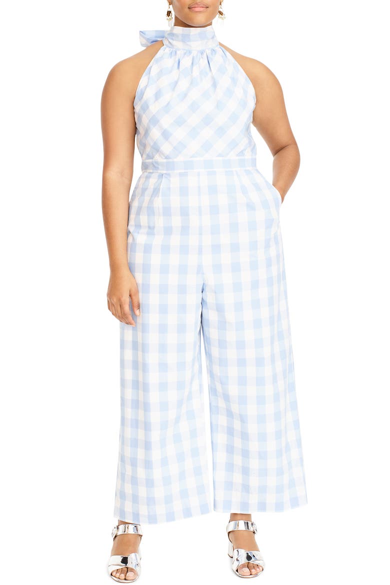 Gingham High Neck Cotton Poplin Jumpsuit, Alternate, color, GIANT GINGHAM SKY IVORY