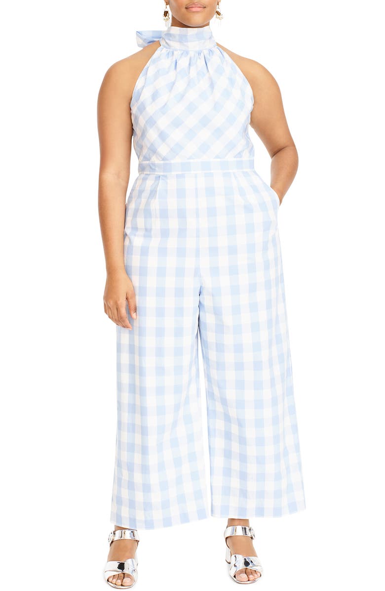 J.Crew Gingham High Neck Cotton Poplin Jumpsuit, Alternate, color, 