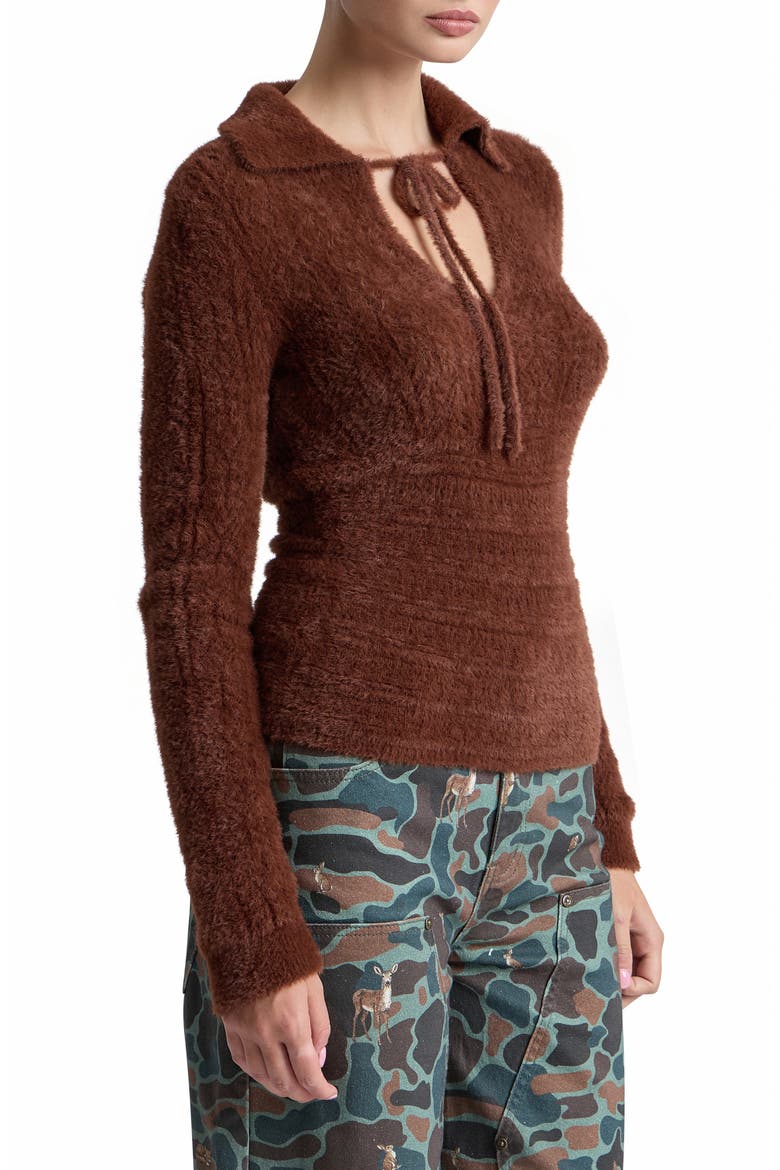 Mixed Pointelle Sweater with Fuzzy Collar, Alternate, color, RUSSET
