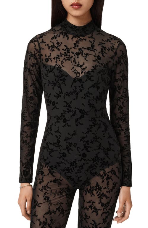 Allsaints Rylee Flock Print Long Sleeve Catsuit In Black