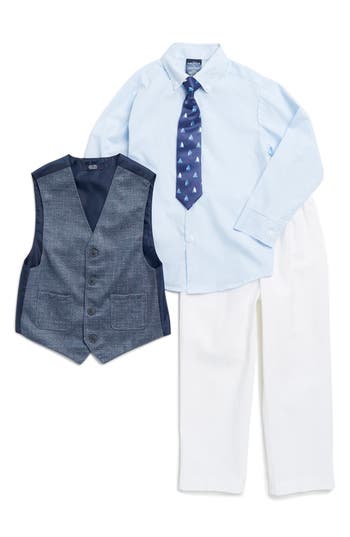Nautica Kids' Sailboat Button-up Shirt, Vest, Tie & Pants Set In Midnight