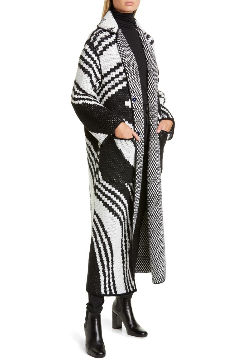 Zigzag Jacquard Wool Blend Sweater Coat, Alternate, color, BLACK/ WHITE
