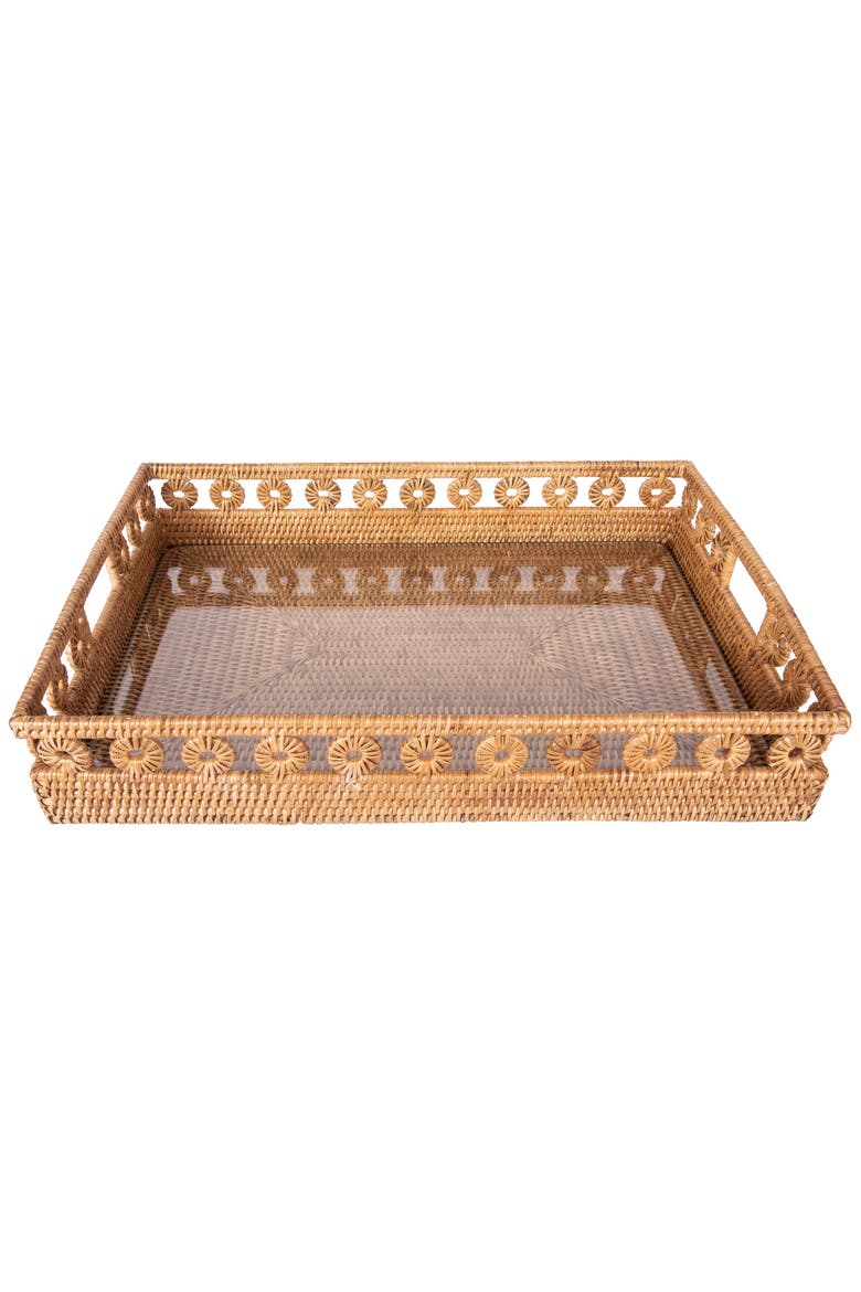 Artifacts Rattan Inna Design Rectangular Tray with Cutout Handles & Glass Insert, Main, color, Honey Brown