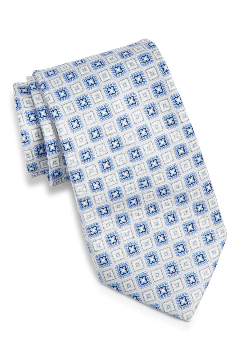 Geometric Print Silk Tie, Main, color, SILVER