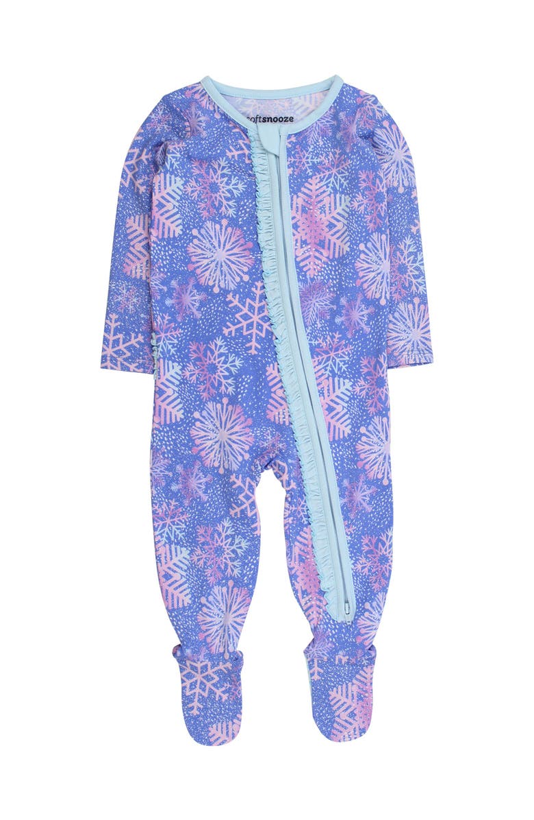 RuffleButts Modal Blend Ruffle One Piece Footie Pajamas, Main, color, Shimmer Snowflakes