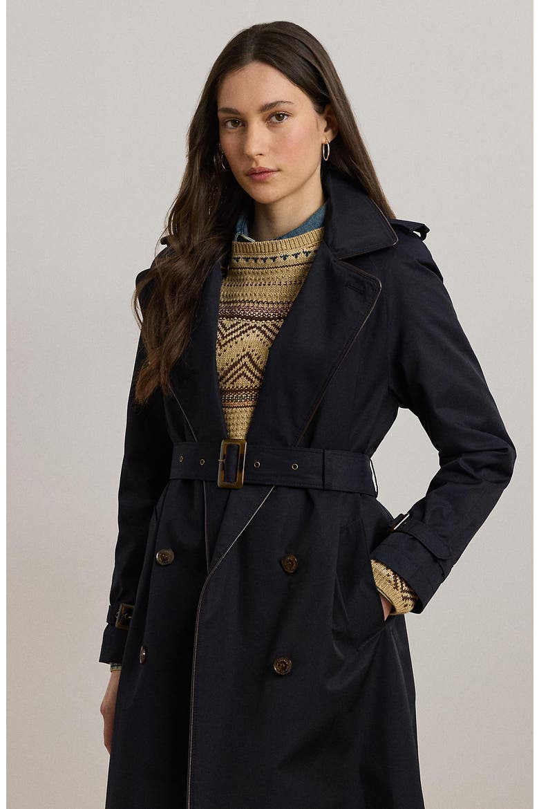 Double Breasted Belted Rain Coat, Alternate, color, NAVY