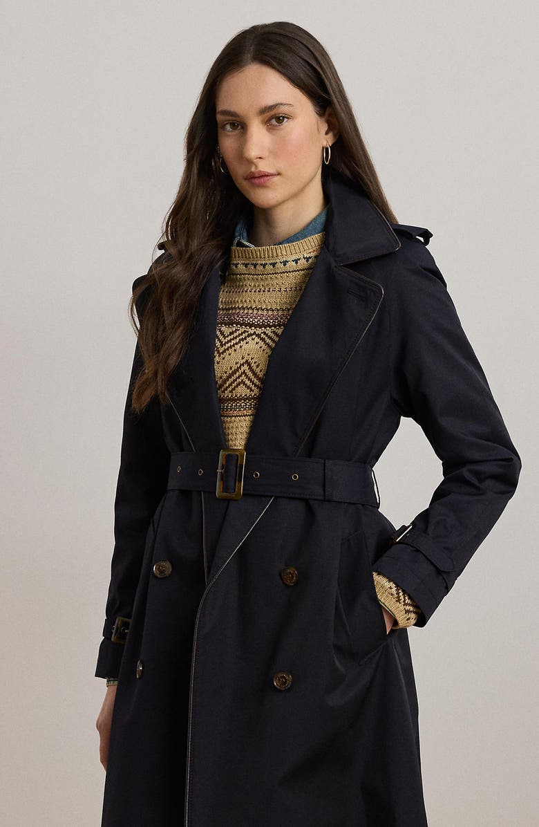 Lauren Ralph Lauren Double Breasted Belted Rain Coat, Alternate, color, Dark Navy